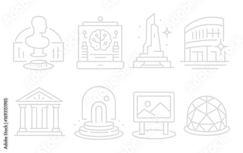 Museum linear icon set. featuring bust, brain, modern art, building, temple, archway, painting, globe.