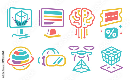 Neon gaming silhouette icon set. featuring controllers, screen, headset, console, planet, vr, spaceship, robot, cube, pyramid.