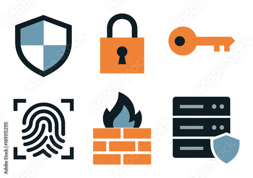 Cybersecurity silhouette icon set. featuring shield, lock, key, fingerprint, firewall, and server symbols.