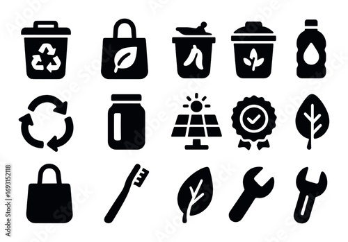 Eco-friendly silhouette icon set. featuring recycling, tote, compost, bottle, cycle, jar, solar, and leaf symbols.