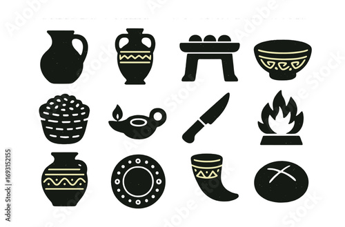 Ancient pottery and tools silhouette icon set. featuring jar, urn, altar, bowl, grain, lamp, knife, fire, horn, and bread.