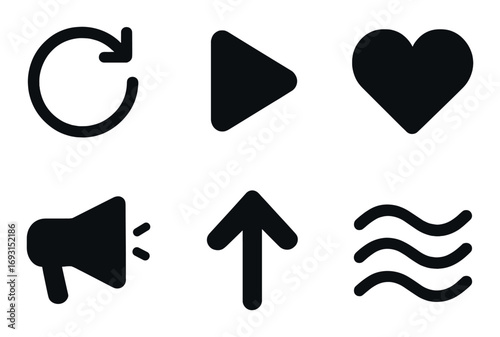 Media and controls silhouette icon set. featuring reload, play, heart, megaphone, arrow, and wave symbols.