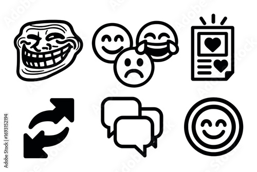 Emotions silhouette icon set. featuring meme, emoji, chat, reactions, and notifications symbols.