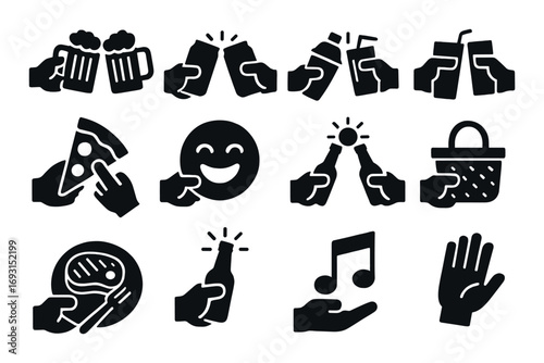Party and leisure silhouette icon set. featuring beer, cheers, soda, pizza, smile, basket, steak, and music symbols.