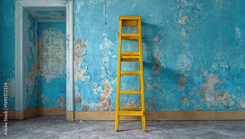 A yellow stepladder in a dilapidated room