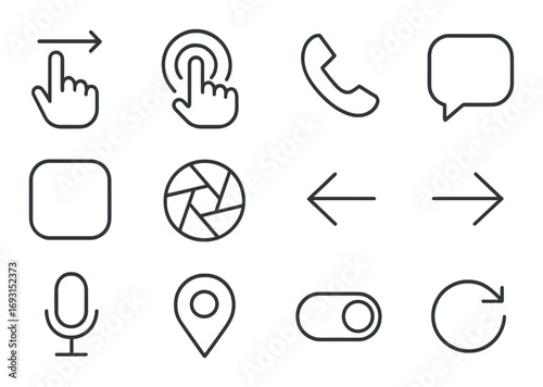 Technology flat icon set. featuring swipe, touch, call, message, button, camera, arrows, mic, location, toggle, refresh symbols.