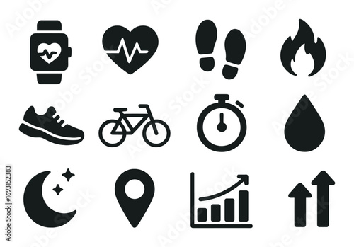 Fitness silhouette icon set. featuring smartwatch, heartbeat, footprints, flame, shoe, bicycle, stopwatch, droplet, moon, location, graph, arrows.
