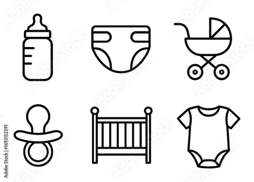 Baby essentials linear icon set. featuring bottle, diaper, stroller, pacifier, crib, and onesie symbols.
