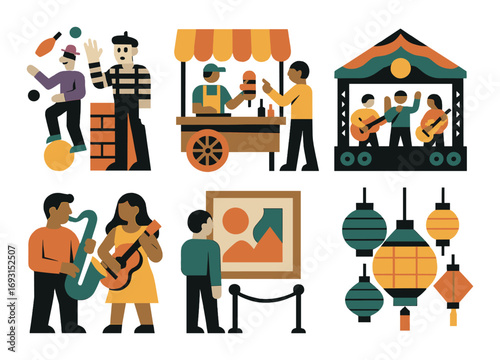 Festival activities flat icon set. featuring juggler, mime, vendor, musicians, band, art exhibit, lanterns.