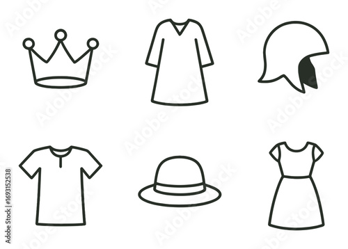 Fashion linear icon set. featuring crown, tunic, helmet, cap, dress, and t-shirt symbols.