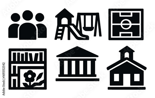 Education silhouette icon set. featuring group, playground, soccer field, library, museum, school.