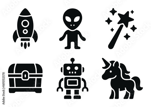 Fantasy adventure silhouette icon set. featuring rocket, alien, wand, chest, robot, unicorn.