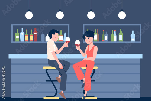 Couple dating in bar. Man and woman drink wine together. First date, young family have romantic evening with alcohol drink, recent vector scene