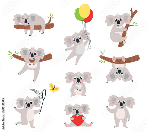 Cartoon koala characters. Funny koala animals different poses. Australian wild animal with red heart and balloons, on eucalyptus, classy vector clipart