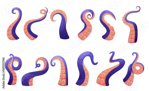 Octopus tentacles. Cartoon tentacle various positions, underwater creatures elements. Isolated icons for seafood menu, background, nowaday vector set
