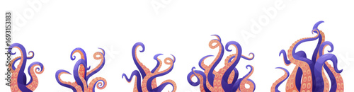 Cartoon tentacles. Squid tentacle bunches, isolated octopus or jellyfish arms. Underwater wild animal elements, decor for sea food menu, nowaday vector set