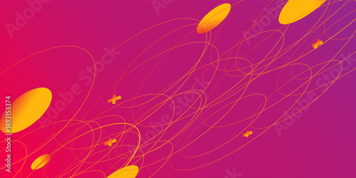 Abstract vector illustration with overlapping circles, dots and dashed circles. Science and connection concept. Wide molecule structure background. Can be used for web design, banner or presentation.