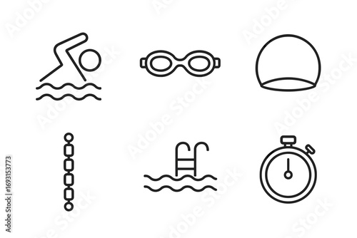 Swimming icons: goggles, caps, stopwatch, lanes, and pool symbols