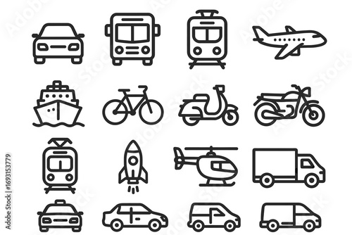 Collection of simple line icons for various transportation modes