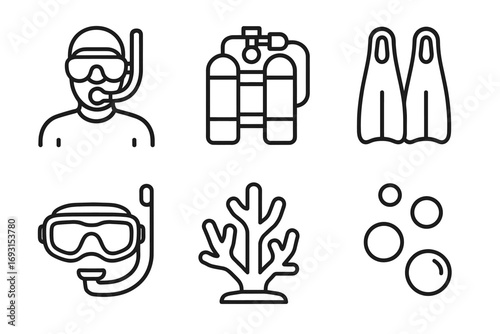 Diving equipment icons: snorkel, tanks, flippers, mask, coral, bubbles