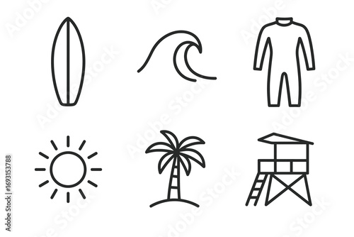 Beach icons: surfboard, wave, wetsuit, sun, palm tree, lifeguard tower line art