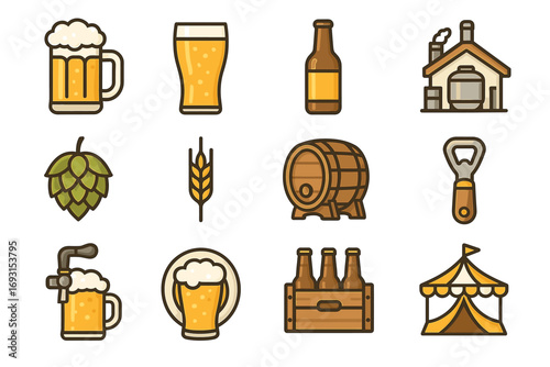 Craft beer icons: mugs, bottles, hops, brewery, barrels, tap, tent