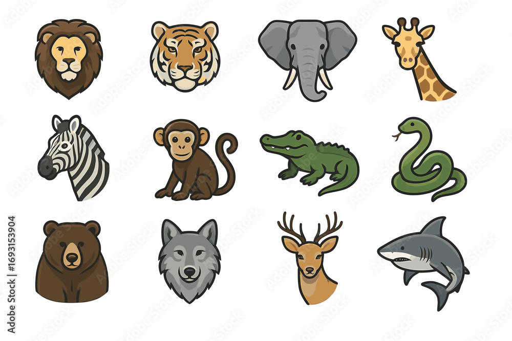 Obraz premium Set of cartoon animal icons featuring safari and jungle creatures