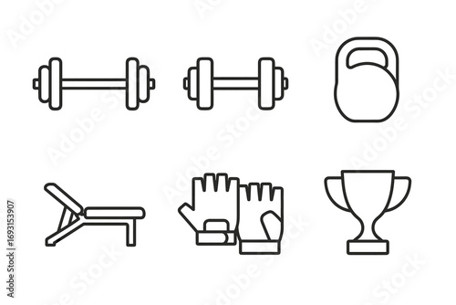 Gym equipment icons: dumbbells, kettlebell, bench, gloves, trophy illustration