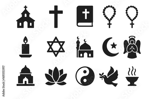 Religious symbols collection: cross, star, mosque, and more icons