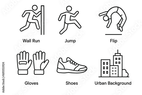 Parkour icons: wall run, jump, flip, gloves, shoes, urban background