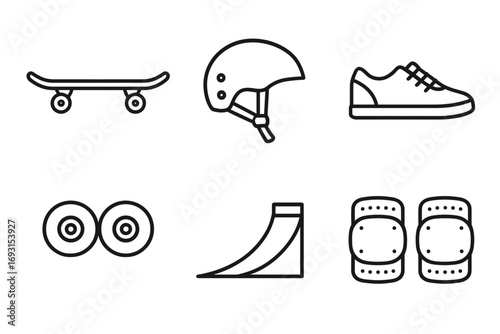 Black and white icons of skateboard, helmet, shoes, wheels, ramp, and knee pads