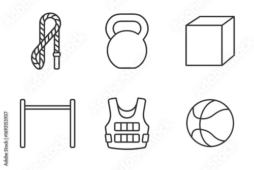 Outline icons of fitness equipment: rope, kettlebell, cube, bar, vest, ball