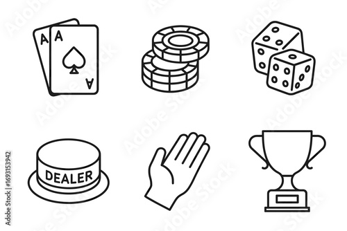Casino icons: playing cards, poker chips, dice, dealer button, hand, trophy