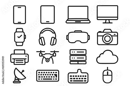 Icon set of electronic devices and gadgets including laptop and camera