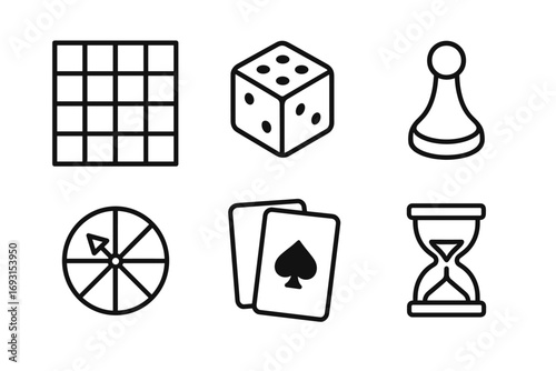 Variety of board game icons: grid, dice, pawn, wheel, cards, hourglass