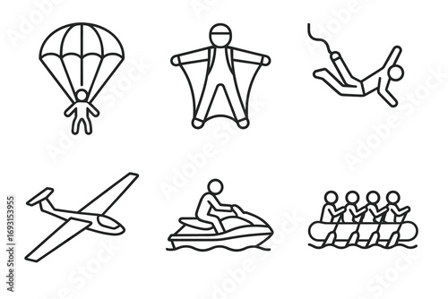 Outdoor adventure sports icons: skydiving, wingsuit, bungee, gliding, jet ski, rafting