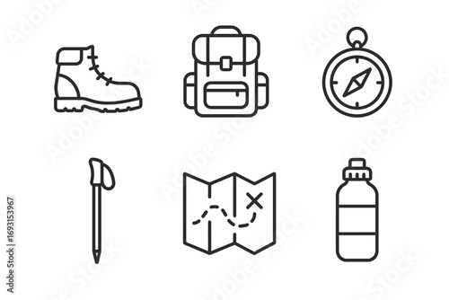 Outlined icons of hiking gear: boot, backpack, compass, map, water bottle, trekking pole