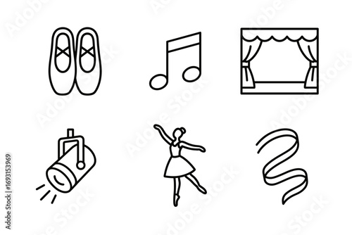 Ballet symbols: shoes, music note, stage, spotlight, dancer, ribbon icons
