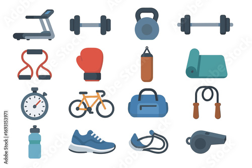 Collection of fitness equipment icons: treadmill, dumbbells, jump rope, boxing glove, yoga mat
