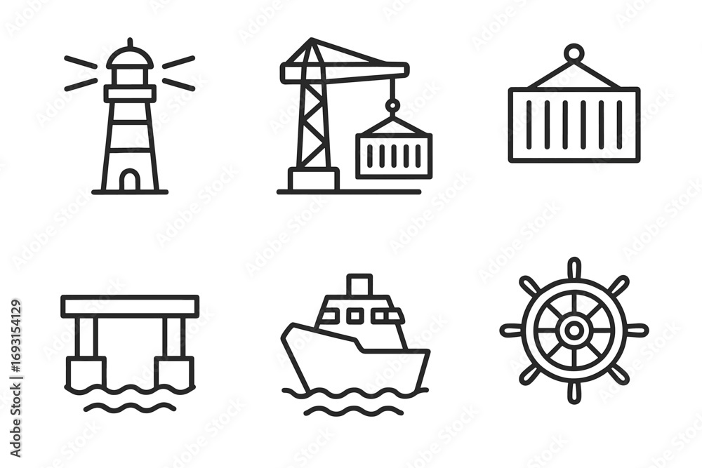 Naklejka premium Maritime icons set: lighthouse, crane, container, dock, ship, helm