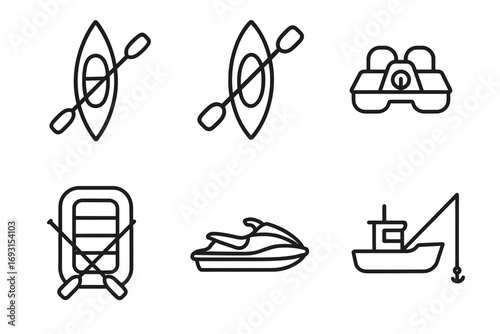 Set of six nautical icons: kayak, paddle boat, raft, jet ski, fishing boat
