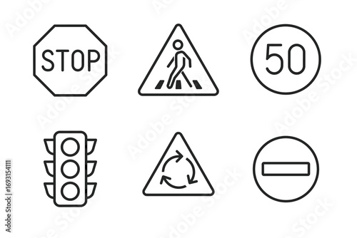 Traffic and warning signs: stop, pedestrian, speed limit, traffic lights, recycling, no entry