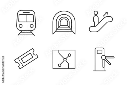 Minimalist icons of train, tunnel, escalator, ticket, map, and turnstile for public transport