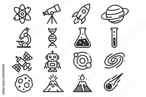 Space and science icons: telescope rocket dna robot saturn microscope