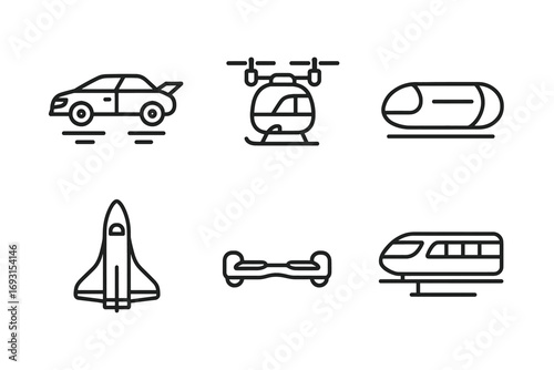 Futuristic transportation icons: car, drone, pod, shuttle, hoverboard, train