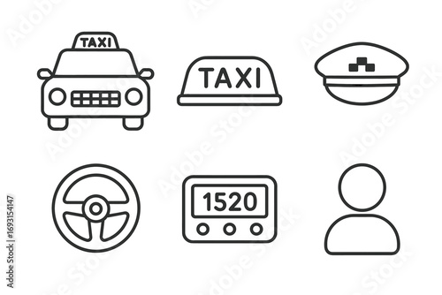 Taxi service icons: car, hat, meter, steering wheel in minimalist design