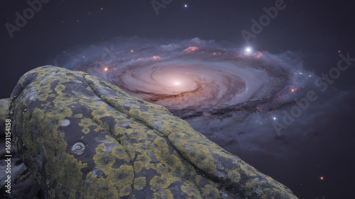 A breathtaking view of a distant spiral galaxy from the surface of a mossy, alien rock in deep space.