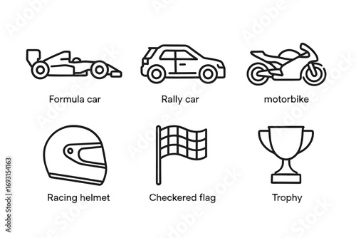 Outline icons of formula car, rally car, motorbike, racing helmet, checkered flag, trophy