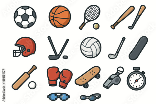 Collection of sports equipment icons featuring various popular sports gear