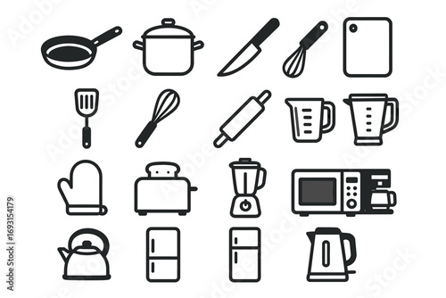 Kitchen utensils and appliances: outline icons of cookware, blender, toaster, and more